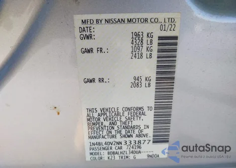 2022 Nissan Altima Sv Fwd z USA, uszkodzony, nr VIN 1N4BL4DV2NN333877